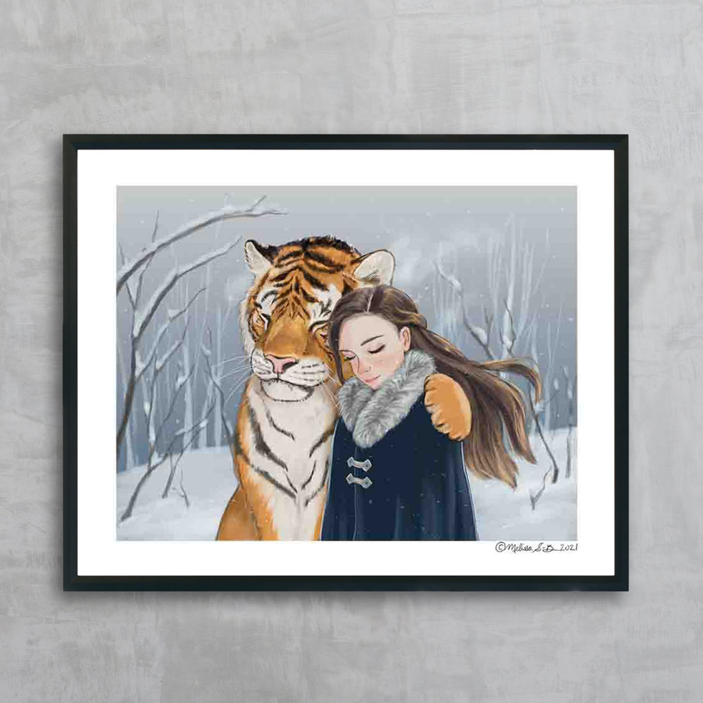 A fine art print featuring a girl embracing her tiger best fried in a snowy background