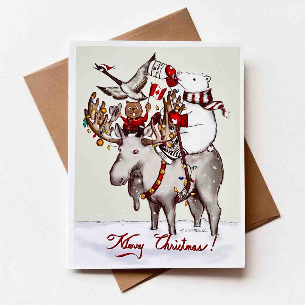 This card features a polar bear holding a hockey stick while chugging maple syrup, a beaver wearing RCMP uniform, a Canada goose and a moose. Possibly the most Canadian Christmas card ever.