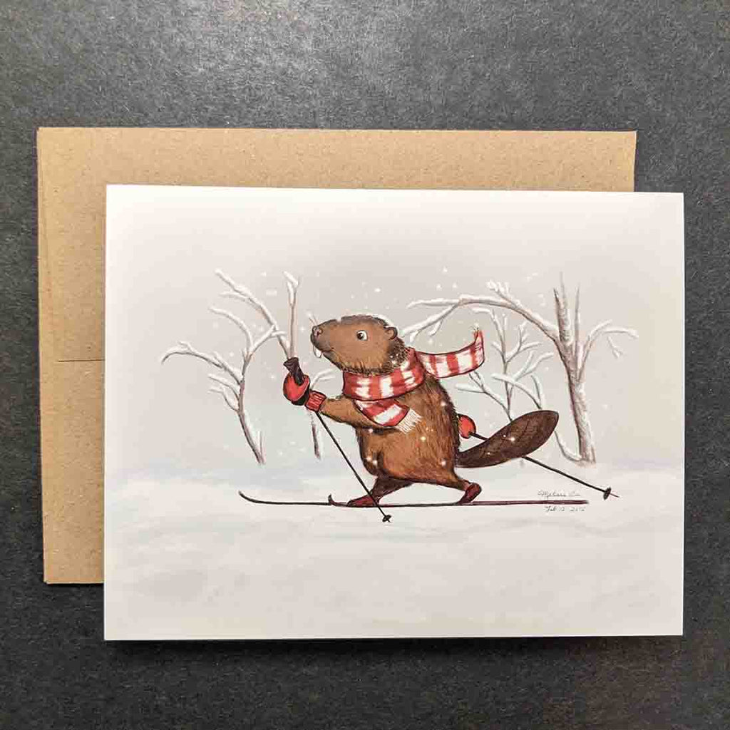 A greeting card featuring a beaver cross country skiing (aka Nordic skiing)  in the snow