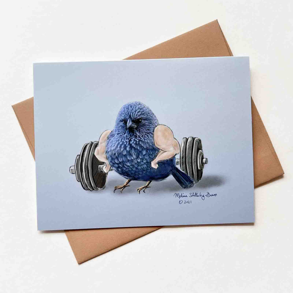 a whimsical notecard featuring a blue bird with buff arms standing in front of a barbell & weights