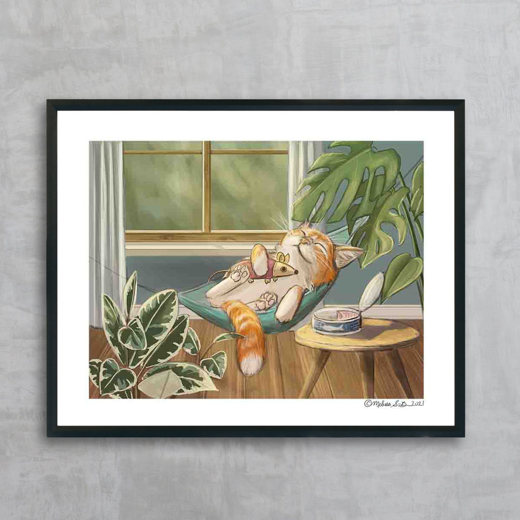 A fine art print a cat lounging in a hammock with a can of tuna beside him