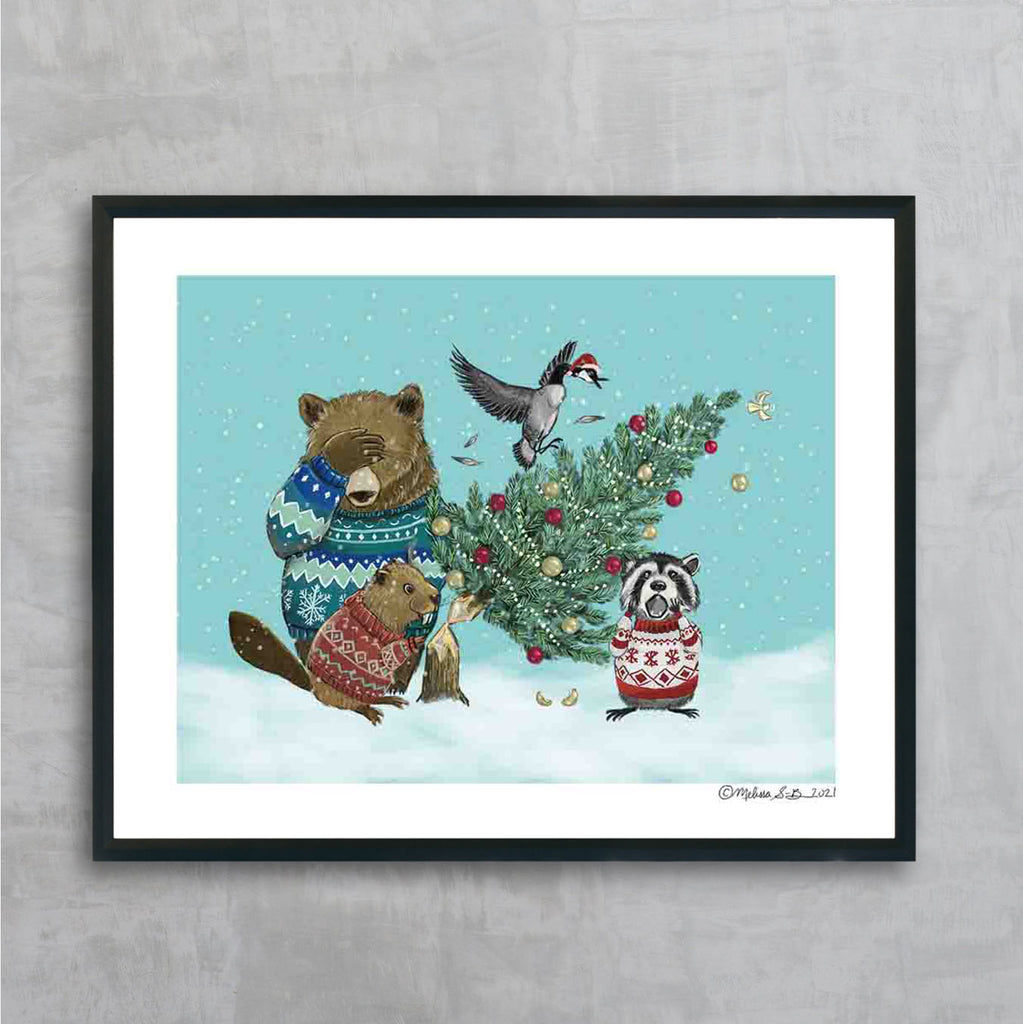 A funny fine art print featuring a beaver gnawing down a Christmas tree, to the horror of his animal friends: a bear, a Canadian goose, and a raccoon.