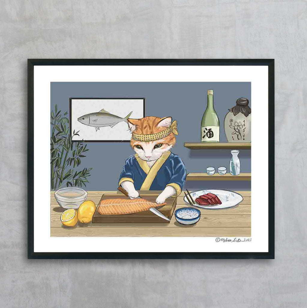 A fine art print featuring a cat dressed as a sushi chef meticulously slicing sashimi