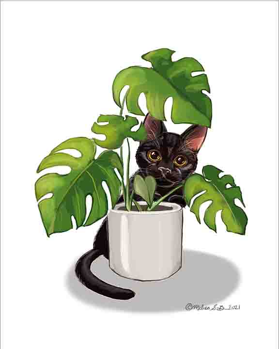 monstera plant and cats Cat and Monstera Plant Fine Art Print – True North Creations