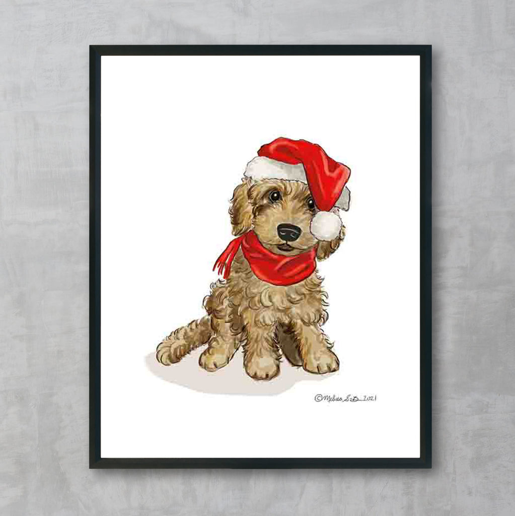 A fine art print featuring a goldendoodle puppy dog wearing a red Santa hat is featured on this card. 