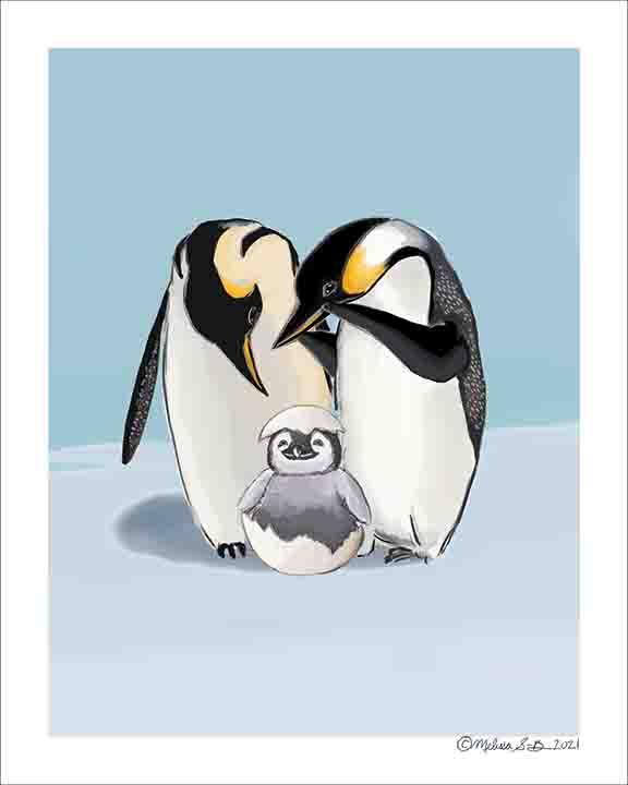 A fine art print featuring 2 Emperor penguin parents marvelling at the newly hatched baby penguin