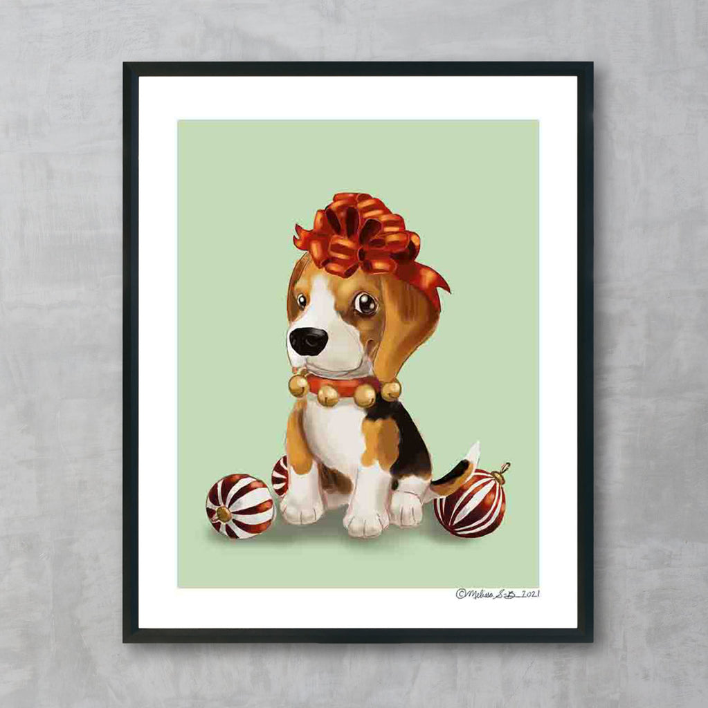 A fine art print featuring a Beagle Puppy dog with a bow on top of its head, sitting next to Christmas ornaments and ribbons. 