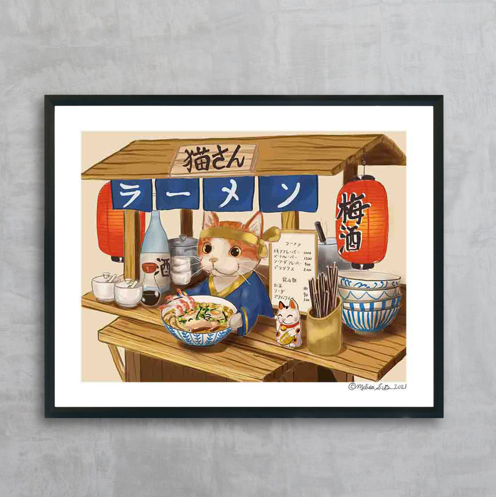 "Mr.Kitty's Ramen Shop" A vibrant fine art print featuring an orange cat selling ramen noodles out of a cart. 