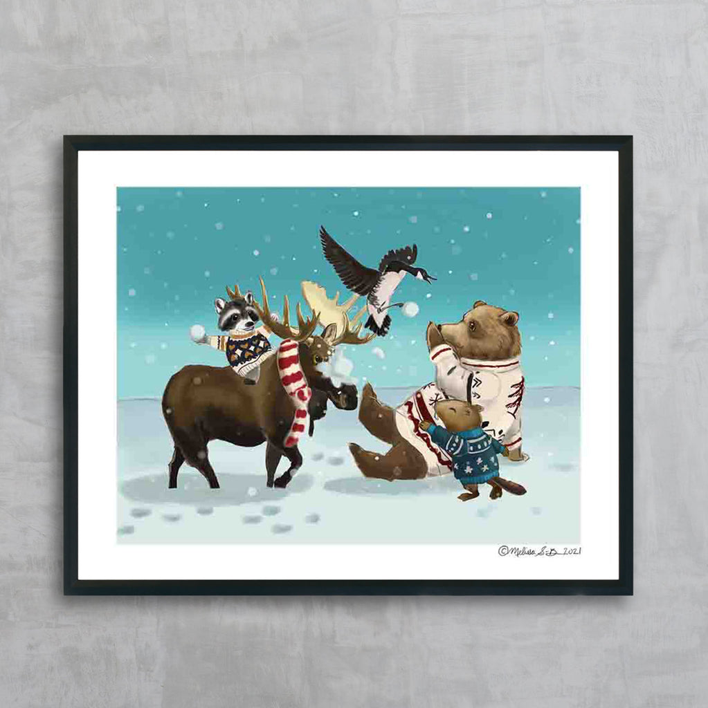 A fine art print featuring a group of Canadian animals having a snowball fight. A raccoon is riding a moose while chucking a snowball at a big brown bear. A Canada goose is dropping snow balls and a beaver is throwing a snowball back. 