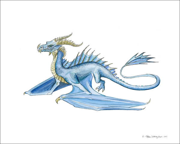 A fine art print featuring a blue dragon