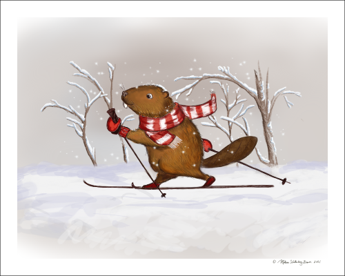 A fine art print featuring a beaver cross country skiing in the snow