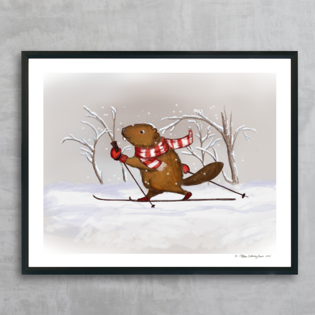 A fine art print featuring a beaver cross country skiing in the snow